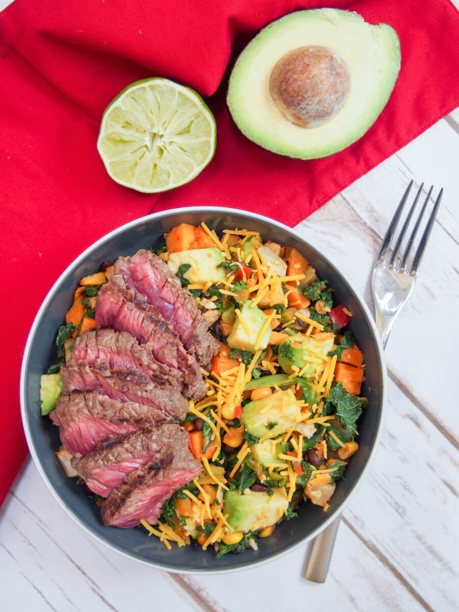 Southwest steak bowl - marinated steak and lots of tasty vegetables
