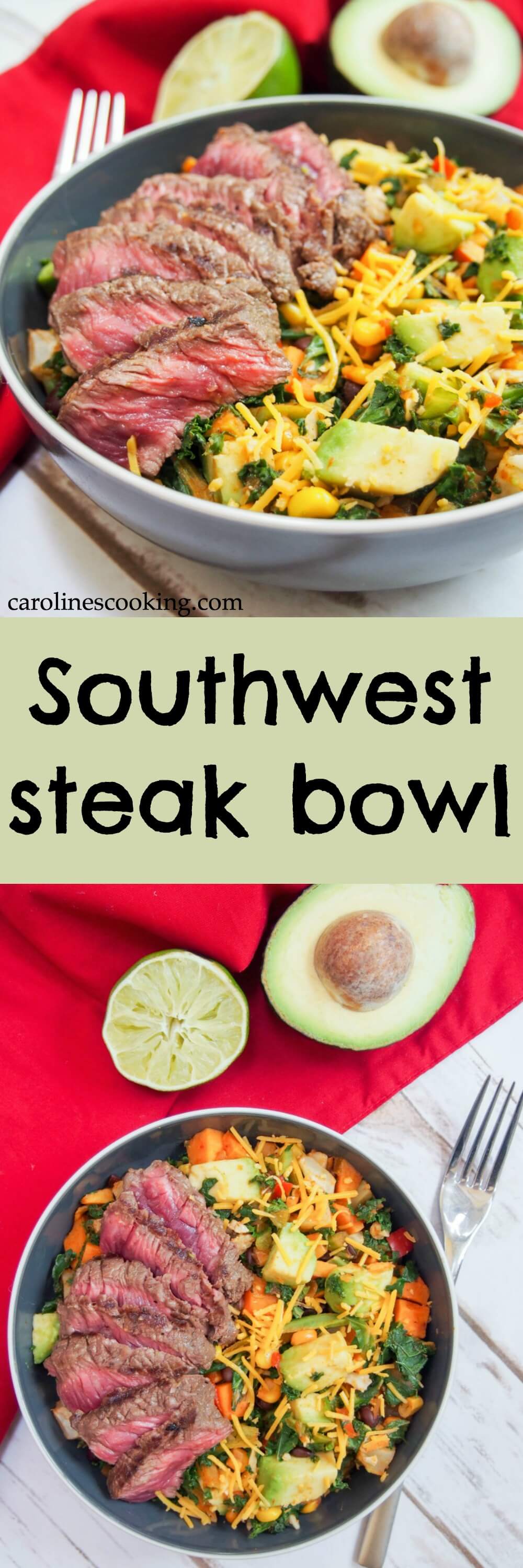 This Southwest steak bowl is a hearty bowl of deliciousness, but take mere minutes to make. Marinated steak over tasty veggies, it's the perfect easy dinner for a busy night. Any leftovers are great too! #AD #Nourish2Flourish