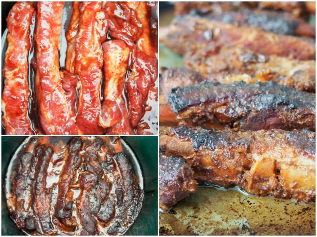 stages making Chinese spare ribs in the slow cooker - adding sauce, after cooking then browning under broiler