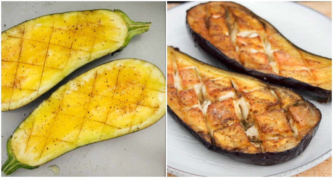 eggplant before and after roasting making Roasted eggplant with tahini - the eggplant before and after roasting