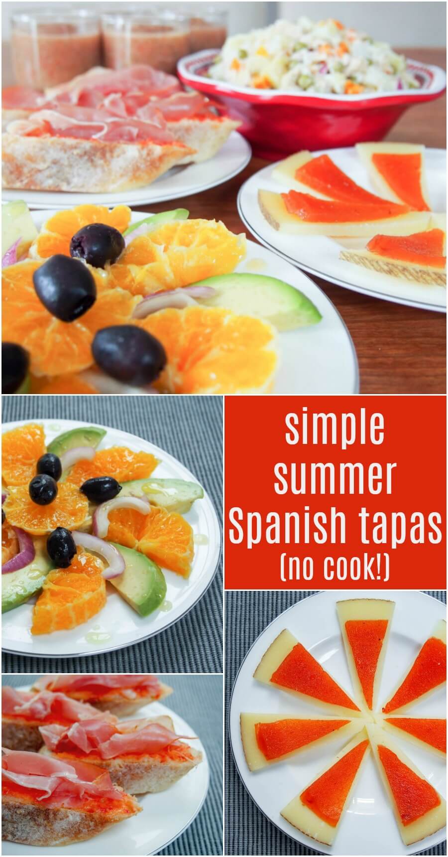 This range of simple summery Spanish tapas are perfect for a warm day when you don't feel like cooking. Quick to put together, each dish is delicious alone and even better all together.