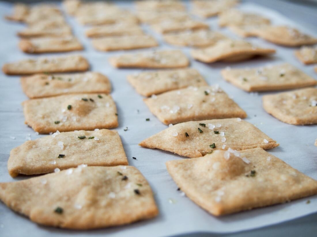 whole wheat olive oil crackers on baking sheet/tray just out oven