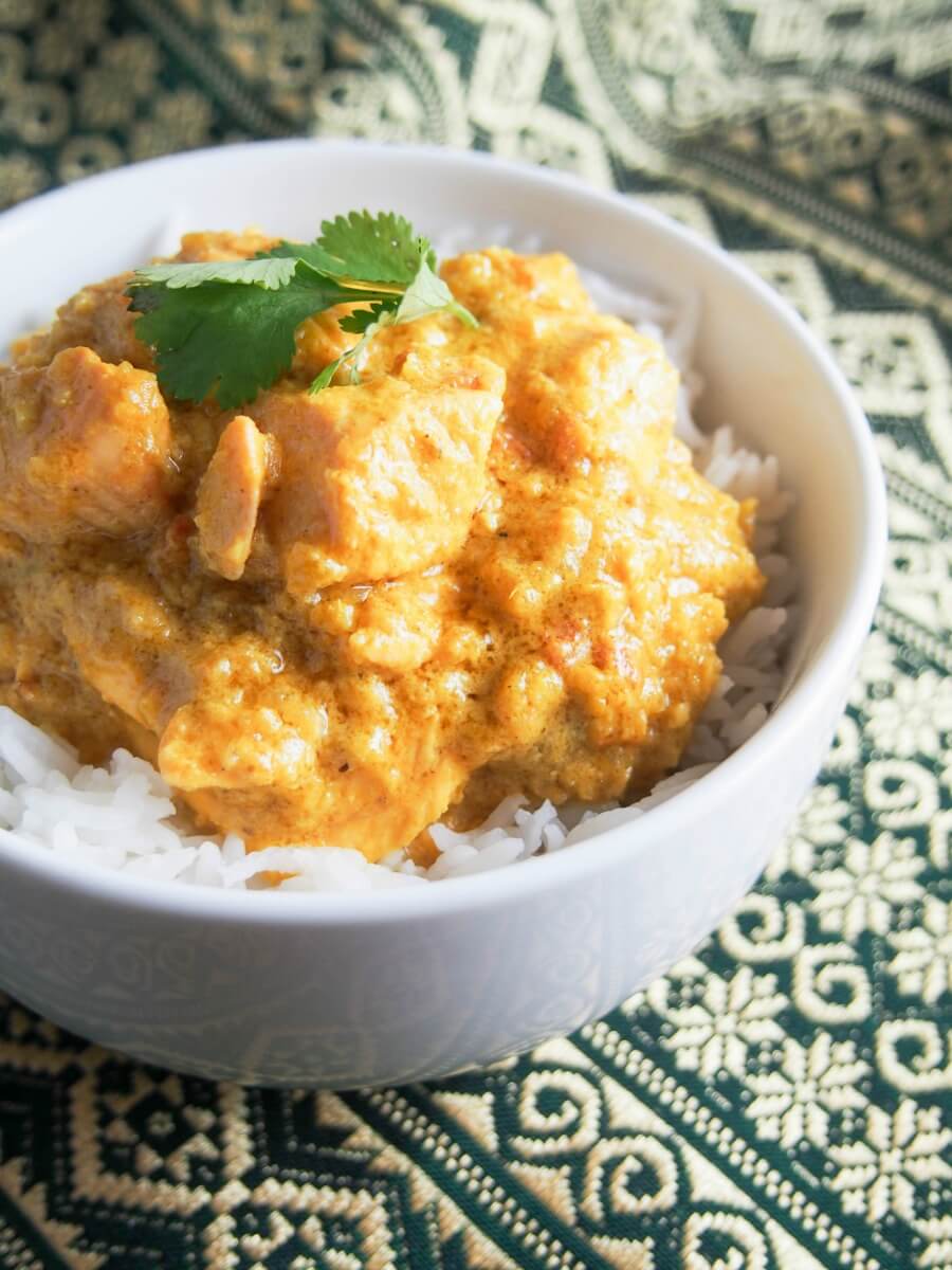 bowl of salmon curry over rice