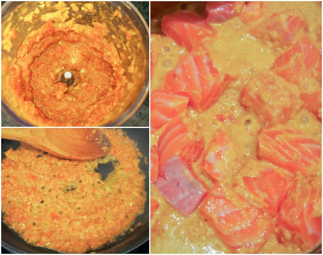making paste, cooking paste then adding salmon to pan
