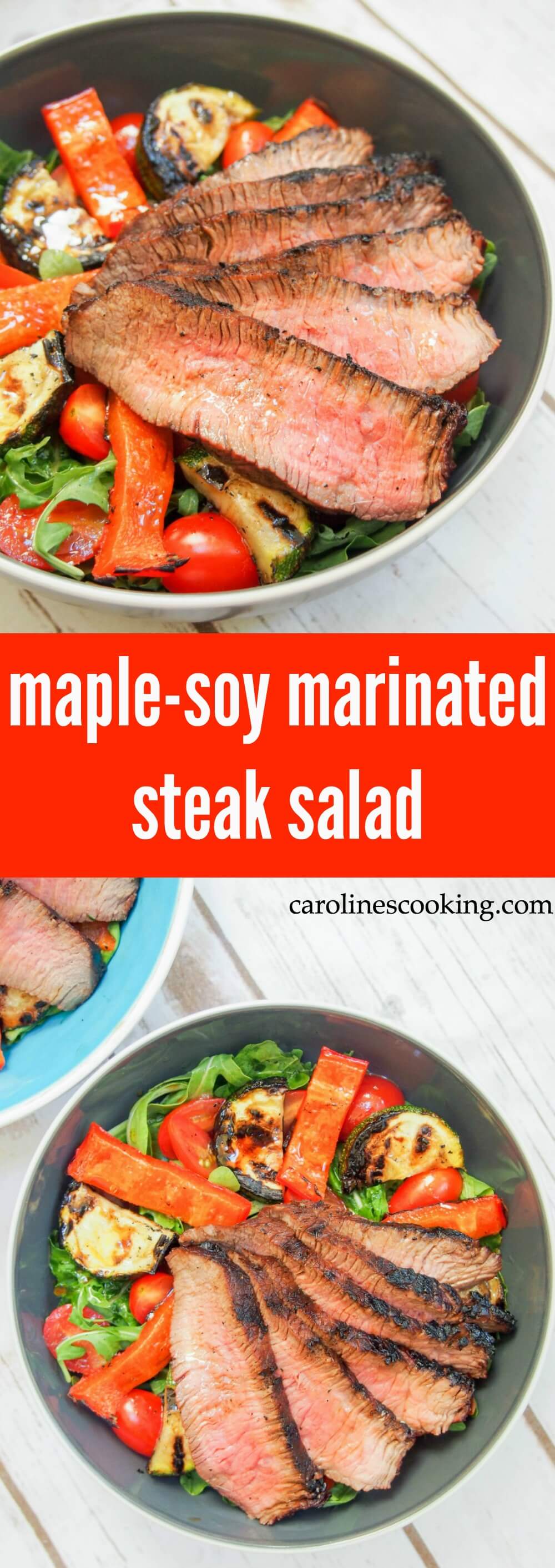 This maple-soy marinated steak salad is really easy to make, with less than 10 ingredients, but is packed with fantastic flavors. From the maple, soy and balsamic marinade for the steak to the soy-lime dressing, not to mention the great grilling flavor of the steak and vegetables, this is one delicious meal. AD @kikkomanusa @walmart