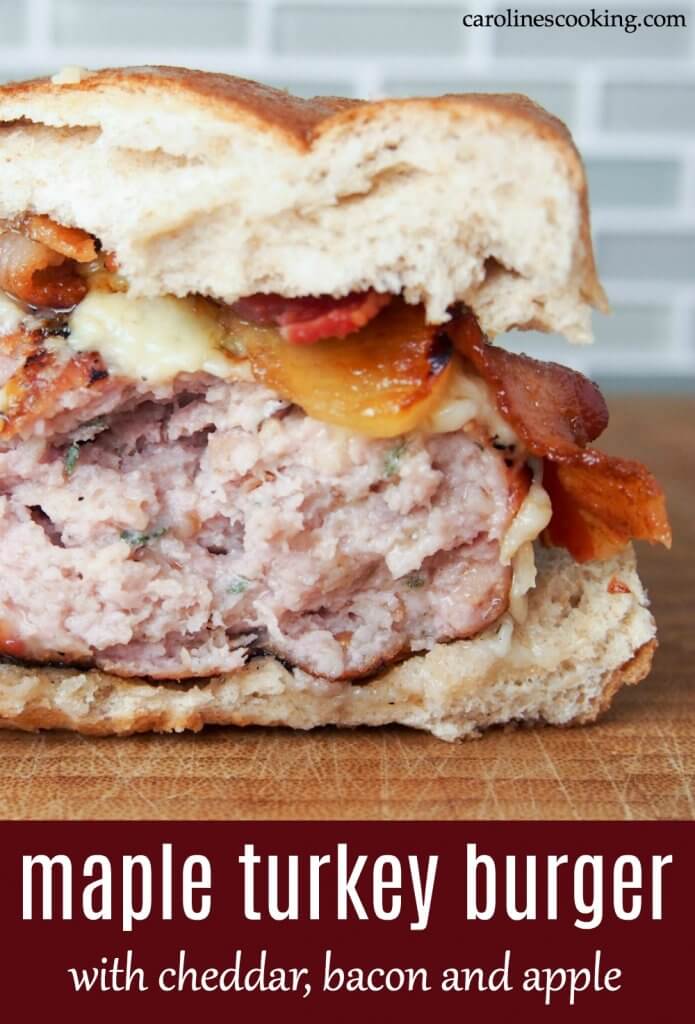 This maple turkey burger is served with delicious cheddar, bacon and apple. The flavors are perfect for that end of summer/fall grilling but really, it's so delicious you'll want it year round. Fantastic flavors, easy to make, you'll have everyone wanting more. #turkeyburger #turkey #bacon #burger