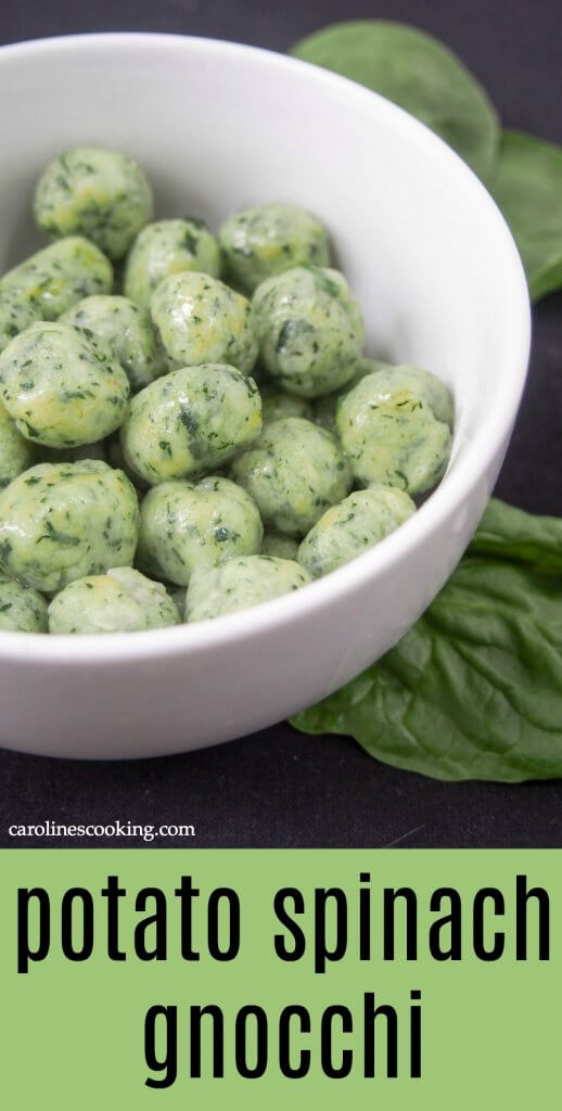 These homemade potato spinach gnocchi are deliciously comforting, light and tasty. A great way to hide greens for dinner, you'll be too busy enjoying them to notice. #gnocchi #homemadepasta #vegetarian