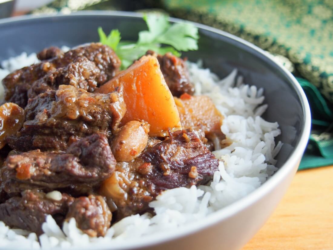 Beef massaman curry served over rice