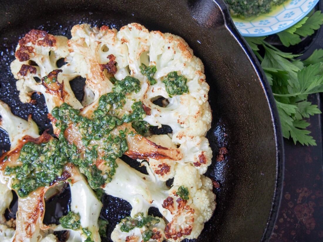 Roasted cauliflower steaks with salsa verde