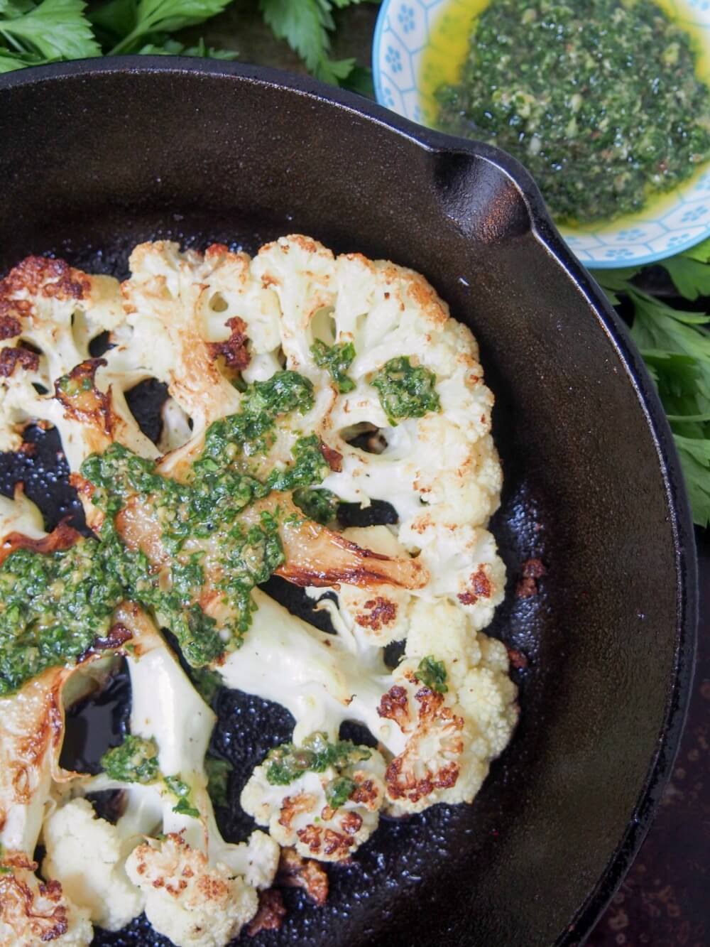 Roasted cauliflower steaks with salsa verde