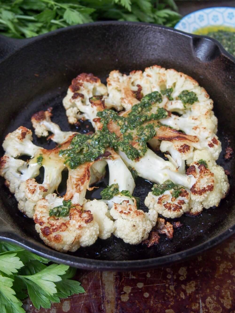 Roasted cauliflower steaks with salsa verde