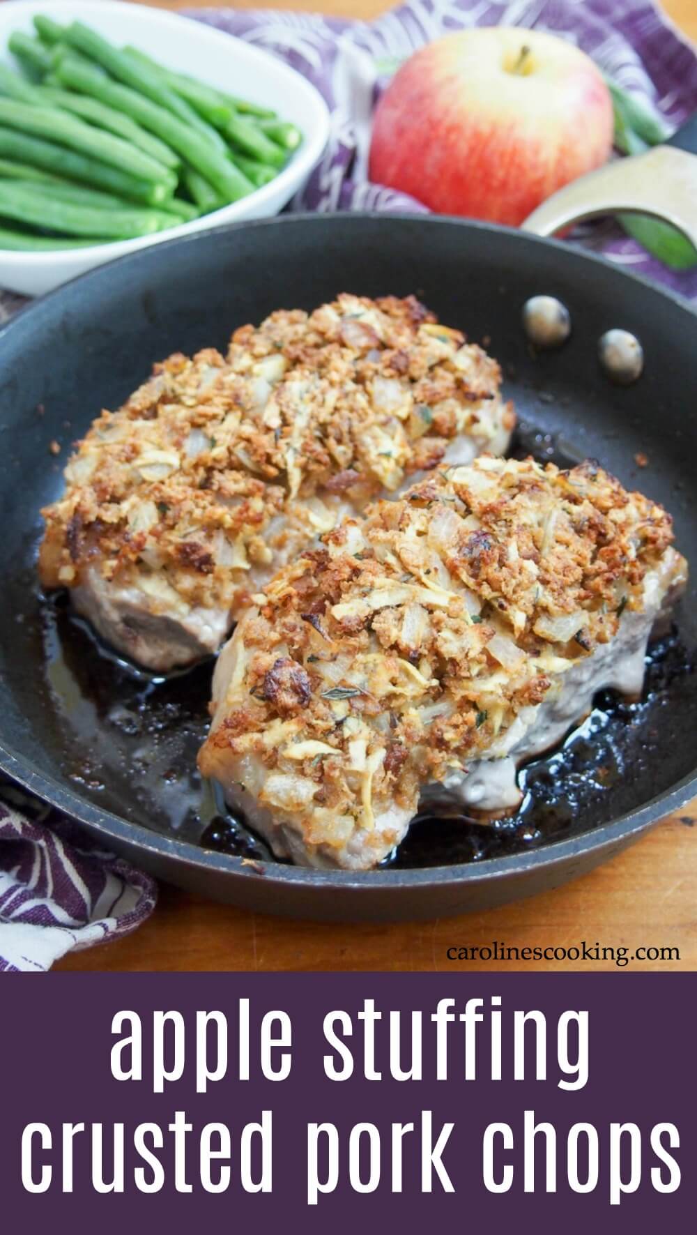 These apple stuffing crusted pork chops are easy to make and full of fall flavors. Comforting, flavorful and a great main for any night of the week. #apple #pork #stuffing