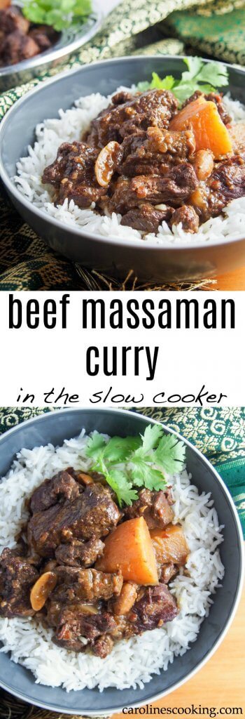 This beef massaman curry may not have the spicy heat of some other curries, but it is packed with fabulously aromatic flavors. The slow cooked beef is meltingly tender in this delicious meal. #slowcooker #beef #thaifood