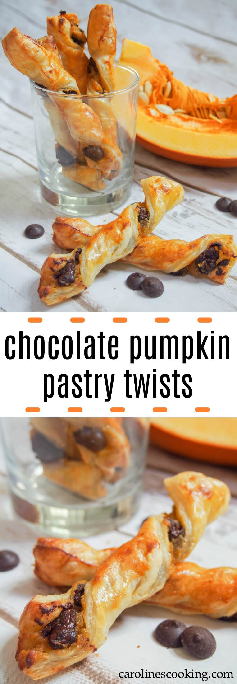 These chocolate pumpkin pastry twists are a deliciously simple combination with a bit of sweet, a bit of spice, crisp pastry and soft filling. A tasty treat These chocolate pumpkin pastry twists are a deliciously simple combination with a bit of sweet, a bit of spice, crisp pastry and soft filling. A tasty treat that's a great sweet snack for fall.
