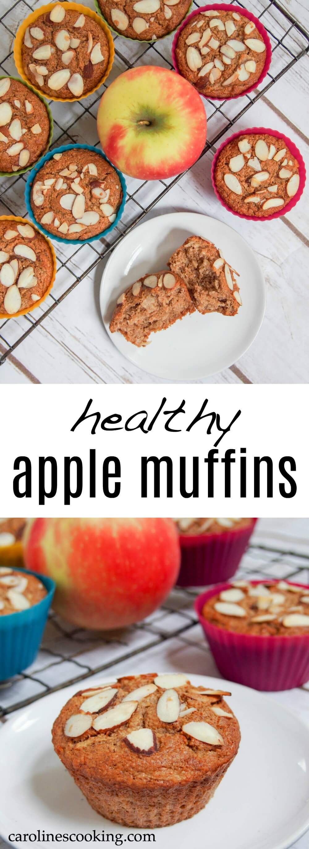 These healthy apple muffins are wonderfully moist, with fantastic apple flavors and a lovely crunch from the almonds on top. You'd never guess they were healthier. A delicious fall flavored snack. 