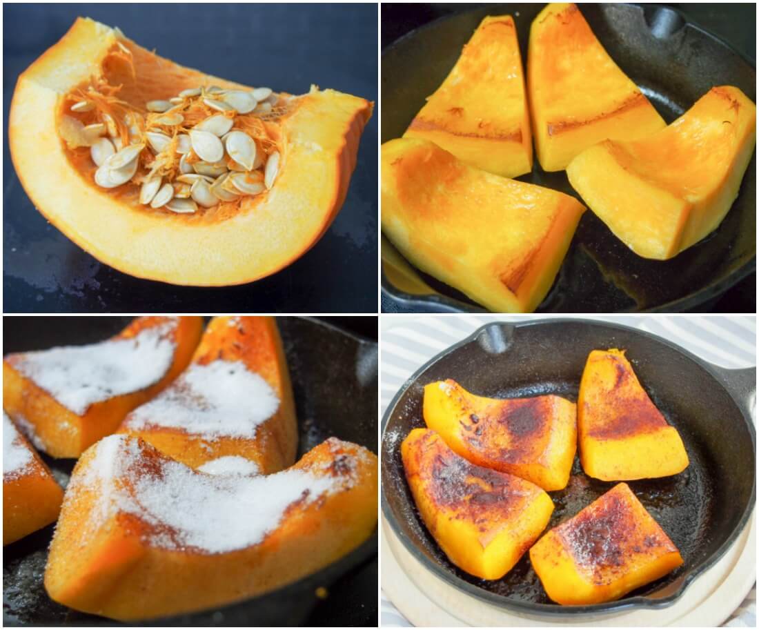 stages making Kaddo bowrani - chunk of pumpkin, in chunks, topped with sugar and finished