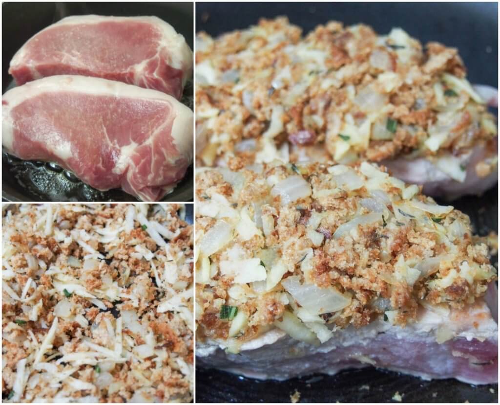 stages making apple stuffing crusted pork chops - searing pork, mixing stuffing and adding to pork