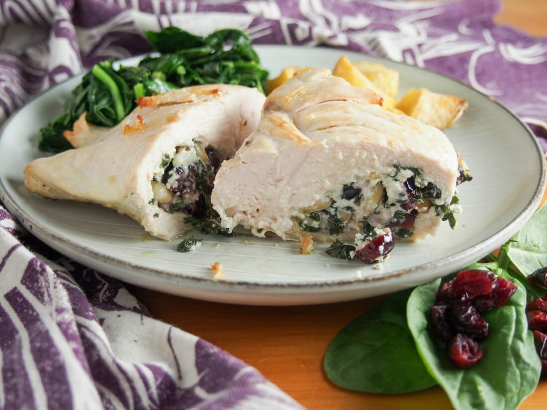 Goat cheese stuffed chicken with spinach and cranberries