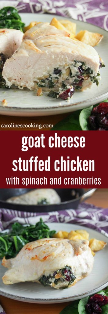 This goat cheese stuffed chicken with spinach and cranberries is deliciously comforting without being too heavy. It's fancy enough for a dinner party but quick enough for any night.