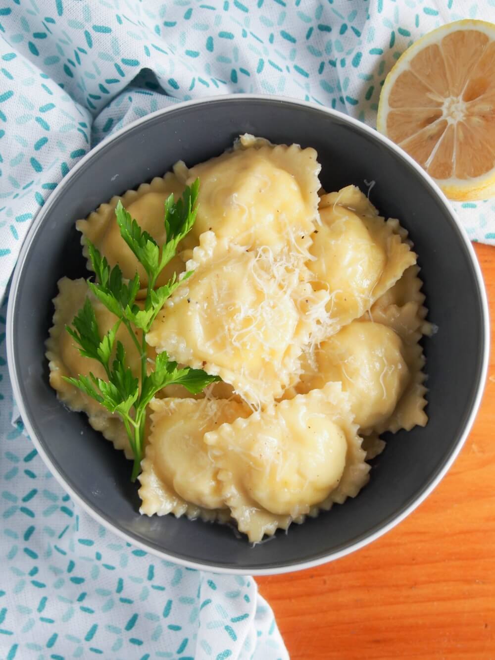 crab ravioli bowl from overhead