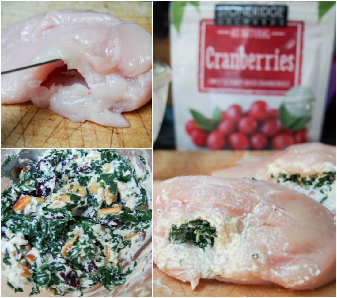 making pocket in chicken, preparing stuffing and stuffing the chicken