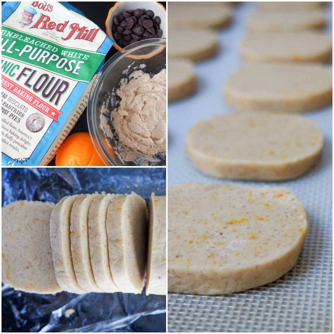 ingredients, slicing cookies and slices ready to bake