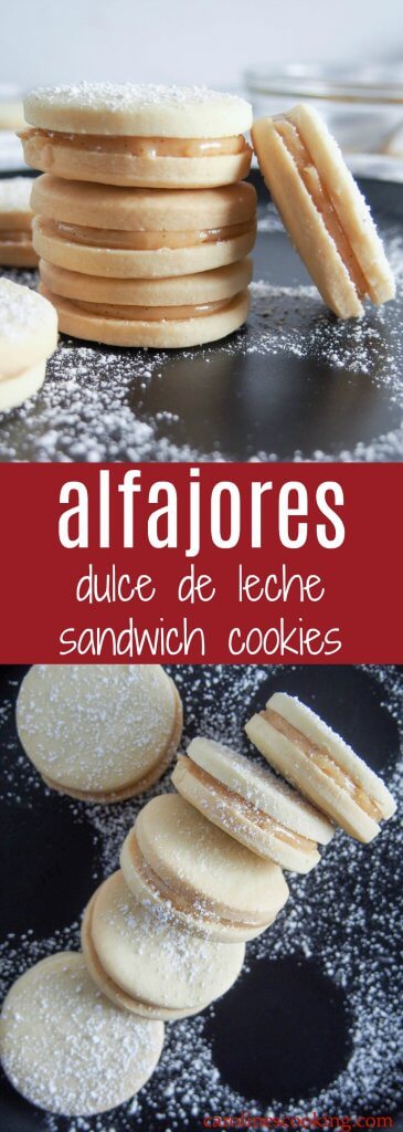 Alfajores (dulce de leche sandwich cookies) - Crumbly, tender cookies sandwiched together with dulce de leche, alfajores are the kind of cookies that almost anyone will be tempted by. Welcome to your next cookie plate must-have! Easy to make, too. #cookie #dulcedeleche