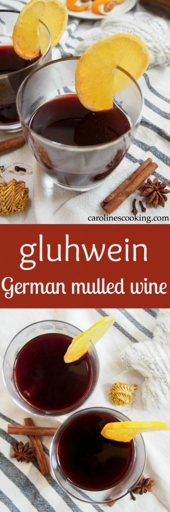 Gluhwein, German mulled wine, is a gently sweet, warmly spiced drink as found at Christmas markets. It's perfect for sharing and to warm you up on a cold day. #mulledwine #cocktail #warmbeverage