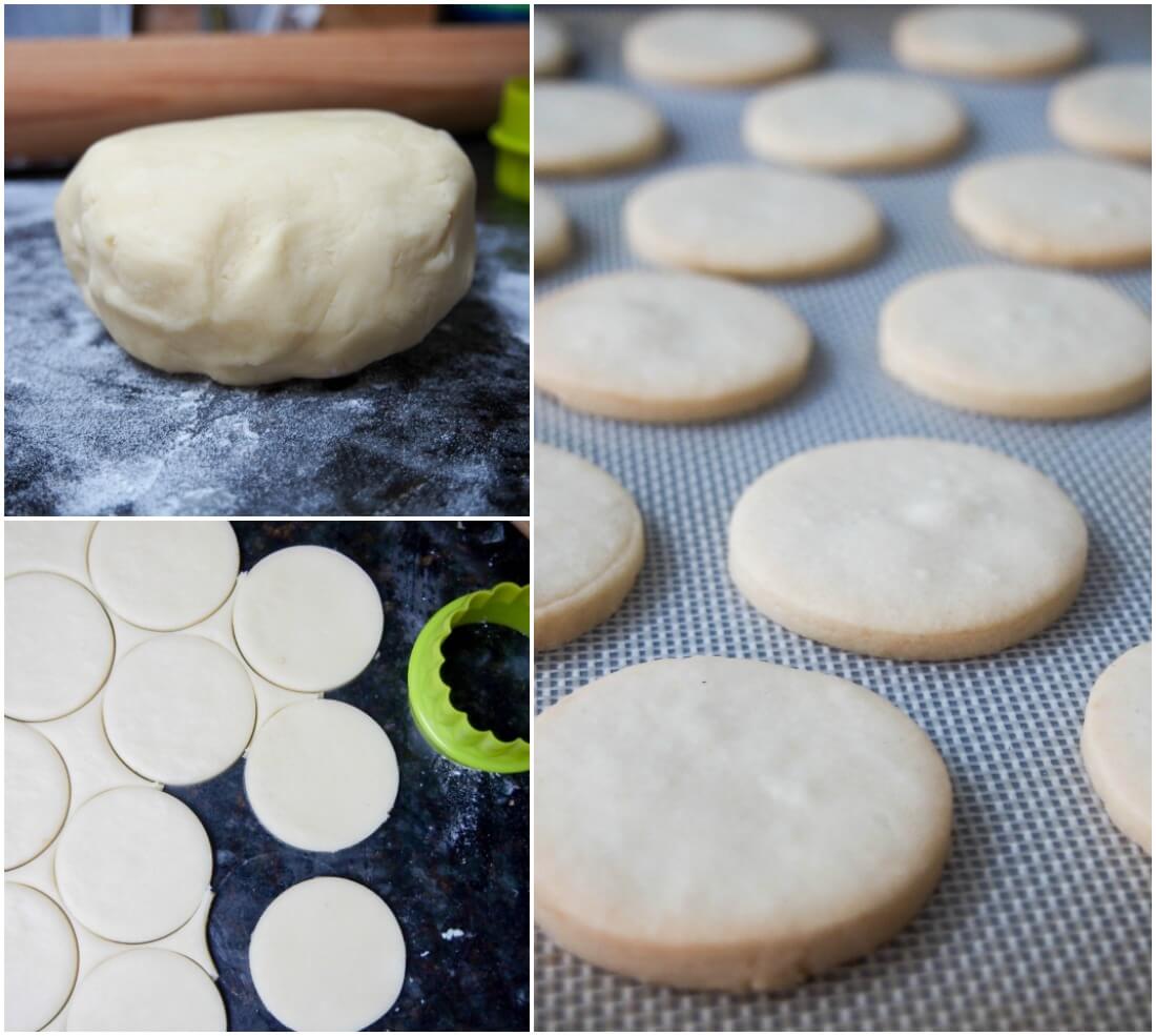 making cookie dough, cutting circles of dough then on baking sheet