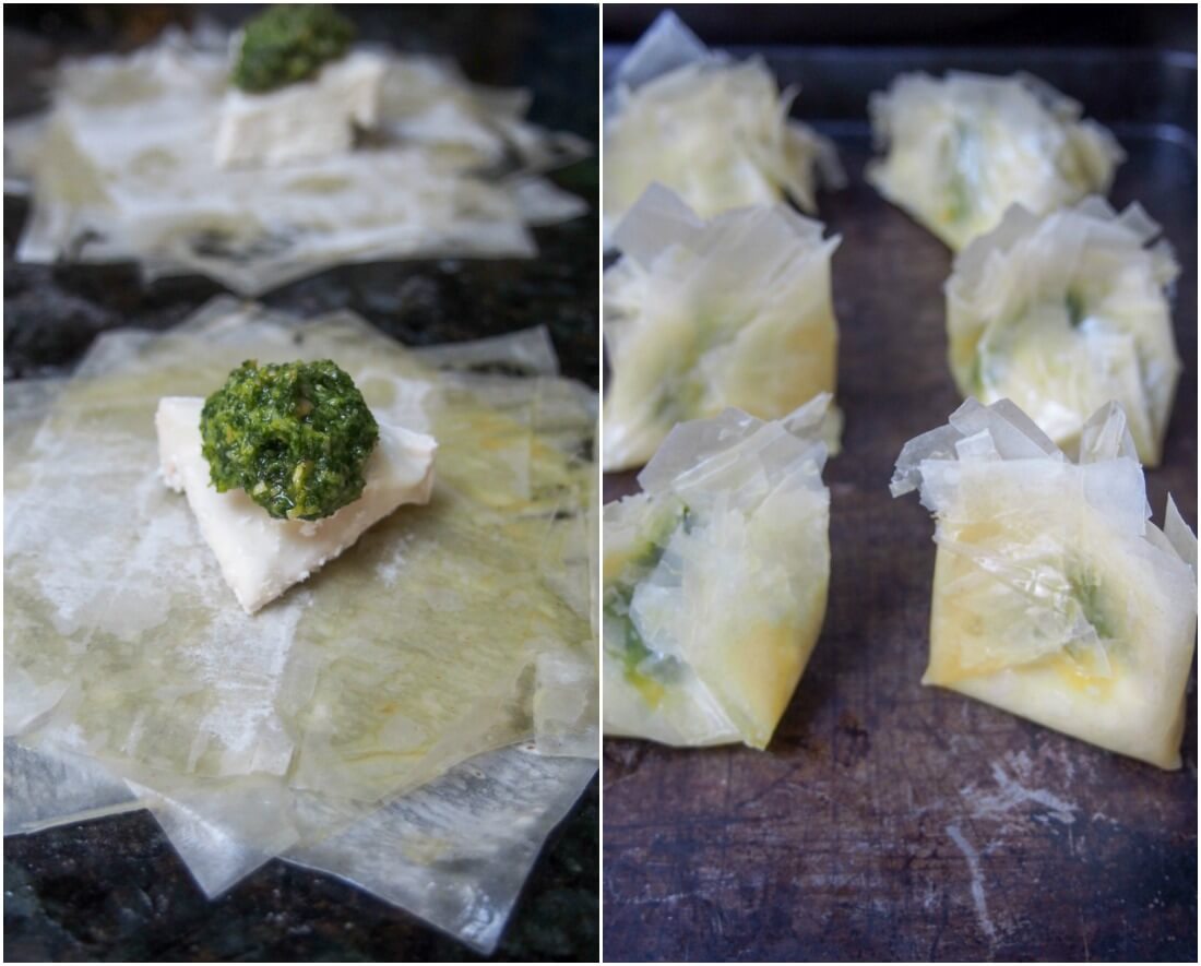 placing goat cheese and pesto on top of pastry then folding up pastry