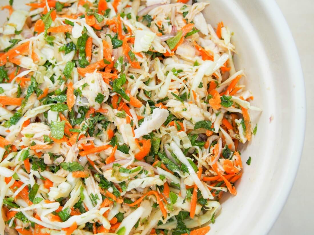 mixing Vietnamese chicken salad making Vietnamese chicken salad - mixture in mixing bowl