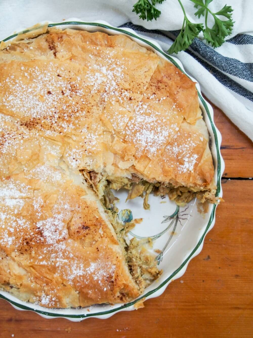 pastilla with slice taken out of it from overhead