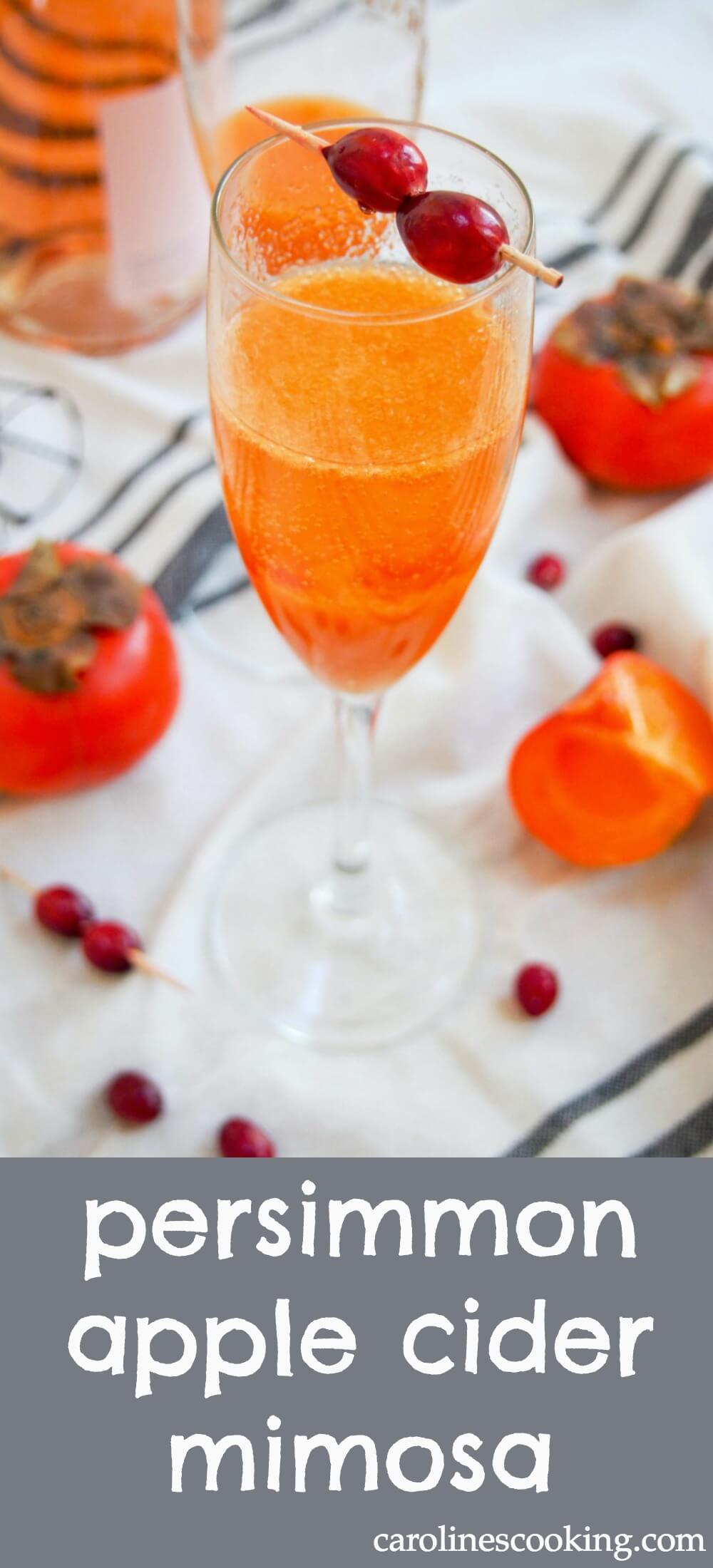 Only 3 ingredients, a couple minutes and you've got a beautiful, bubbling glass. This persimmon apple cider mimosa is a great seasonal cocktail. #cocktail #champagne