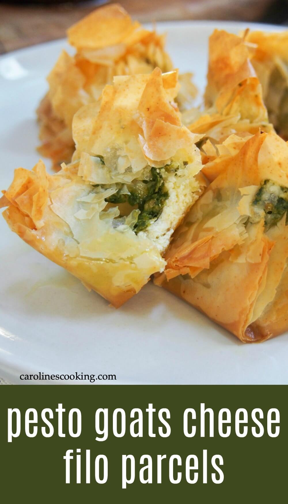 These pesto goats cheese filo parcels are a delicious little bite of goodness. Crisp, flaky pastry, smooth creamy goats cheese and the fabulous flavors of pesto. They're perfect for entertaining too. #filo #goatcheese #appetizer