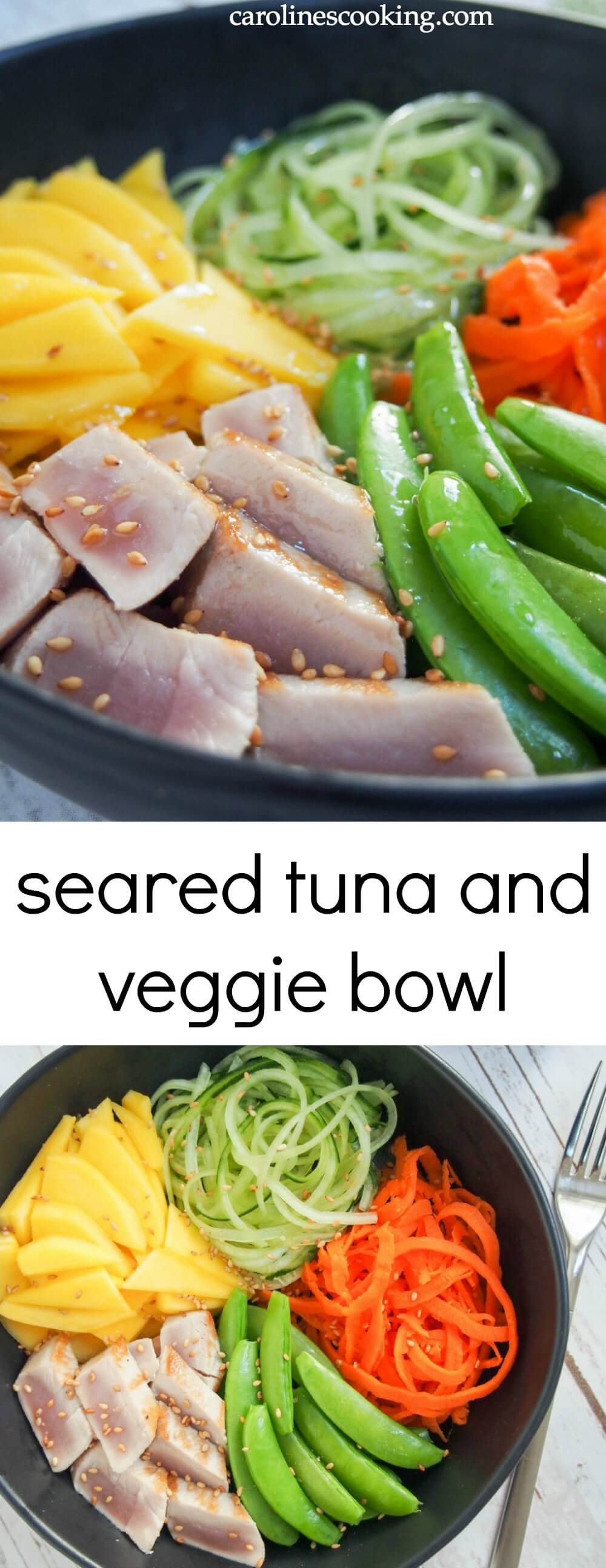 Packed with simple, fresh ingredients, this seared tuna and veggie bowl is a great way to eat healthily without skimping on flavor. With minimal cooking and prep, it's easy to make too. #tuna #healthyeating