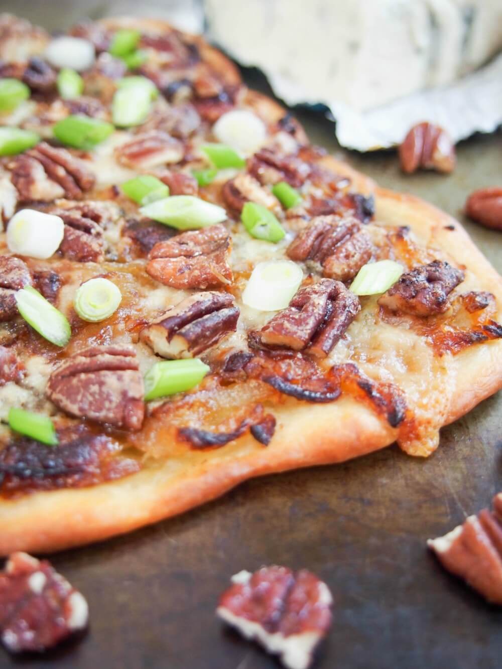 This caramelized onion and gorgonzola pizza is not exactly your typical slice, but if you're a gorgonzola and pecan fan, you're sure to love it. Comforting flavors, so delicious. Great as an appetizer or make it a meal.