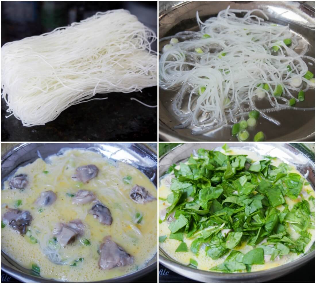 stages making Taiwanese oyster omelette stages making Taiwanese oyster omelette - noodles, adding oysters then greens