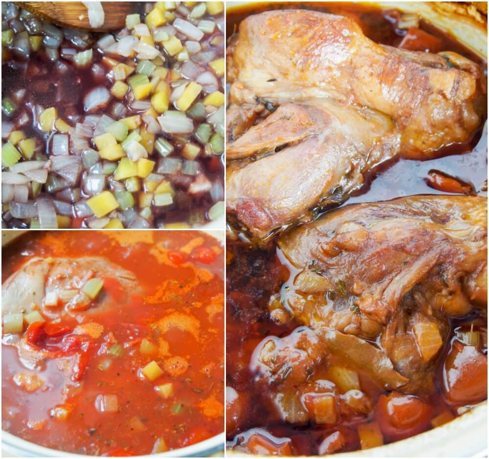 making braised lamb shanks - deglazing pan with wine, adding tomatoes and after slow braise
