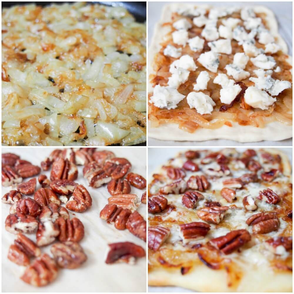 making caramelized onion and gorgonzola pizza