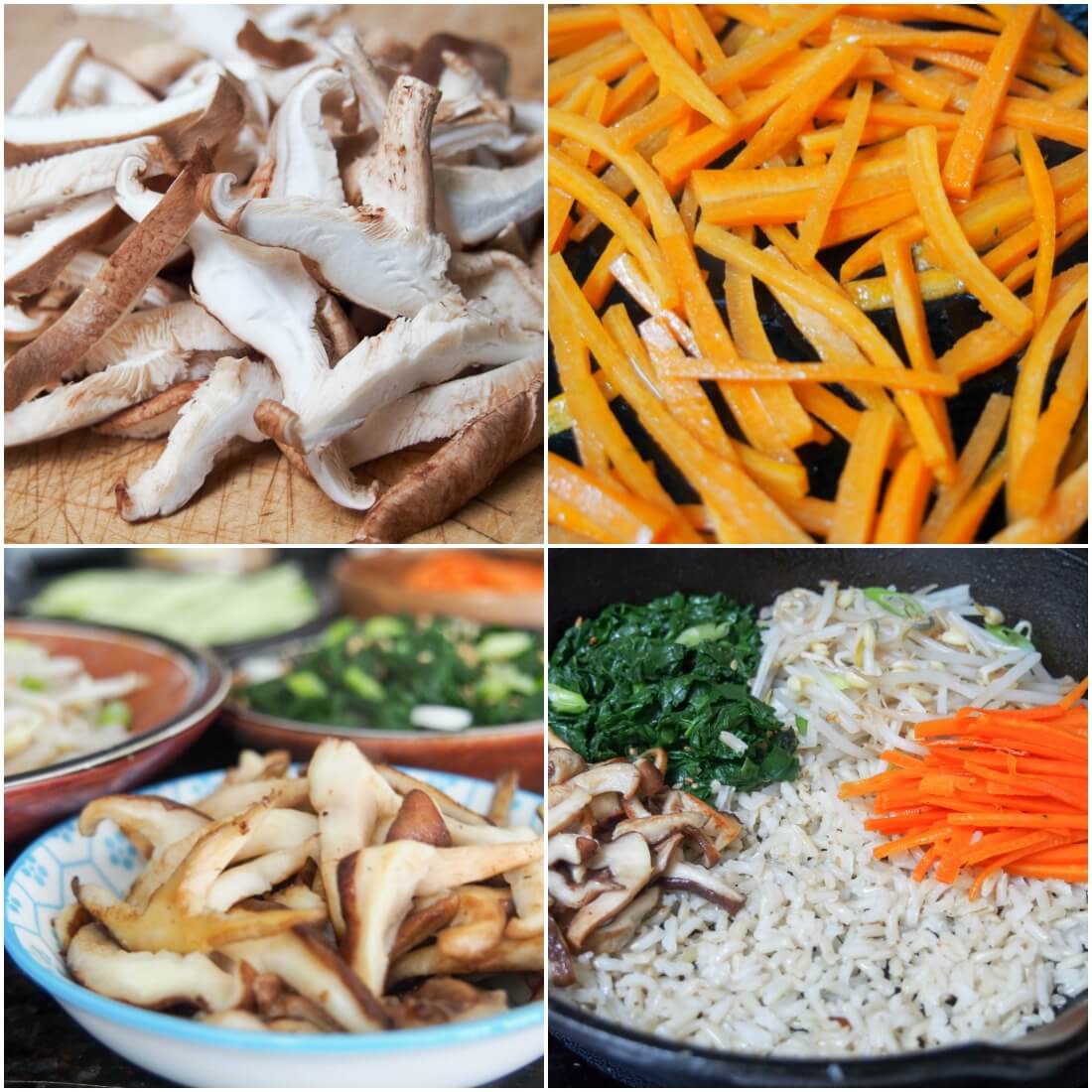 steps making vegetarian bibimbap - cut mushrooms, cooking carrots, cooked vegetables and adding vegetables to rice