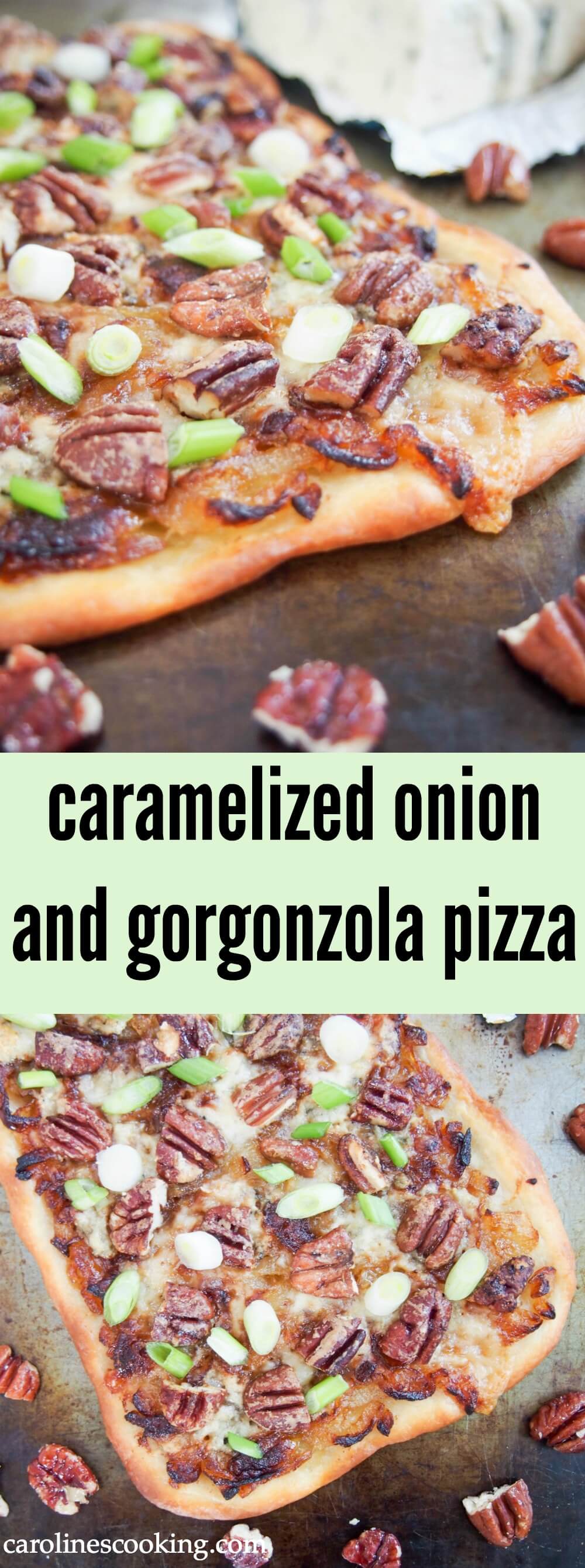 This caramelized onion and gorgonzola pizza is not exactly your typical slice, but if you're a gorgonzola and pecan fan, you're sure to love it. Comforting flavors, so delicious. Great as an appetizer or make it a meal. #gorgonzola #pizza