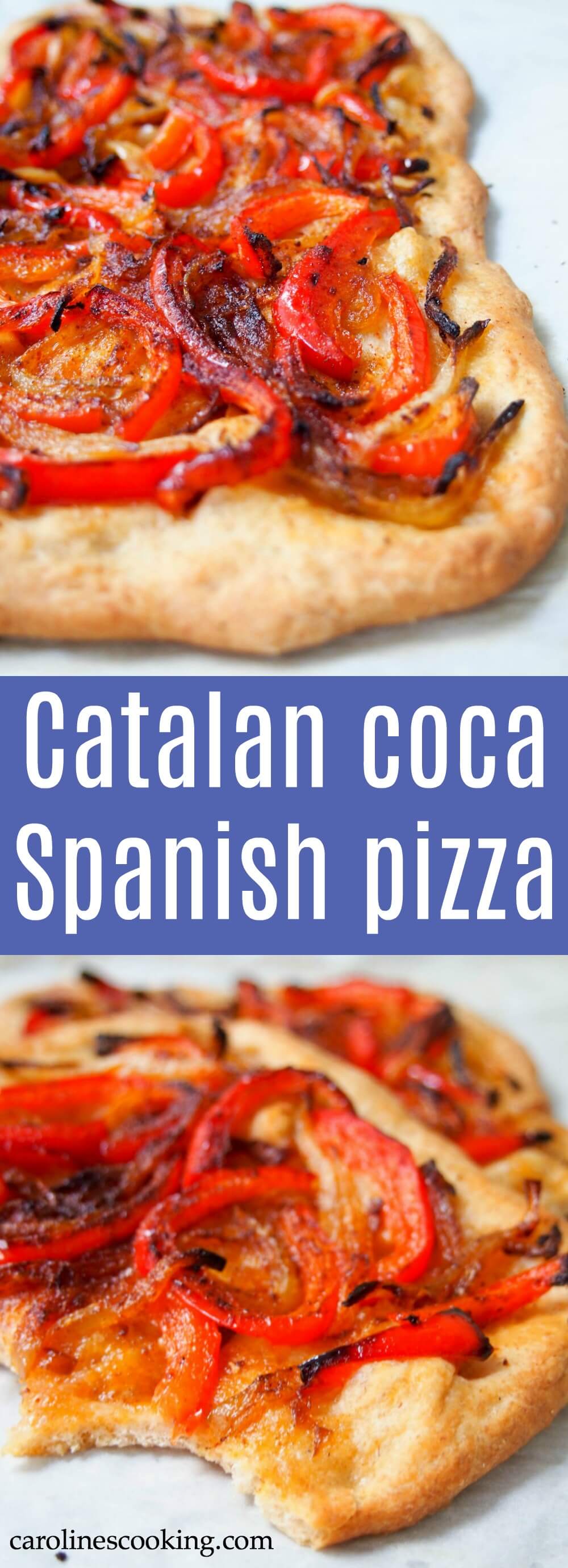 Catalan coca is a kind of a Spanish pizza or flatbread, but with some key differences - while toppings vary, most have no sauce and no cheese. But don't let that put you off, this is one delicious slice, and this simple pepper and onion version is a favorite. #Spanishfood #vegan #pizza