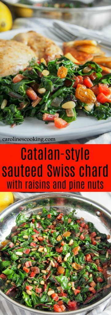 Whether you're a greens-sceptic or greens lover, this Catalan-style sauteed Swiss chard with raisins and pine nuts is an easy and delicious side dish, that's good for you too. Whether you're a greens-sceptic or greens lover, this Catalan-style sauteed Swiss chard with raisins and pine nuts will win you over. It's an easy and delicious side dish, that's good for you too. Vegan & gluten free. #chard #vegetarian #vegan