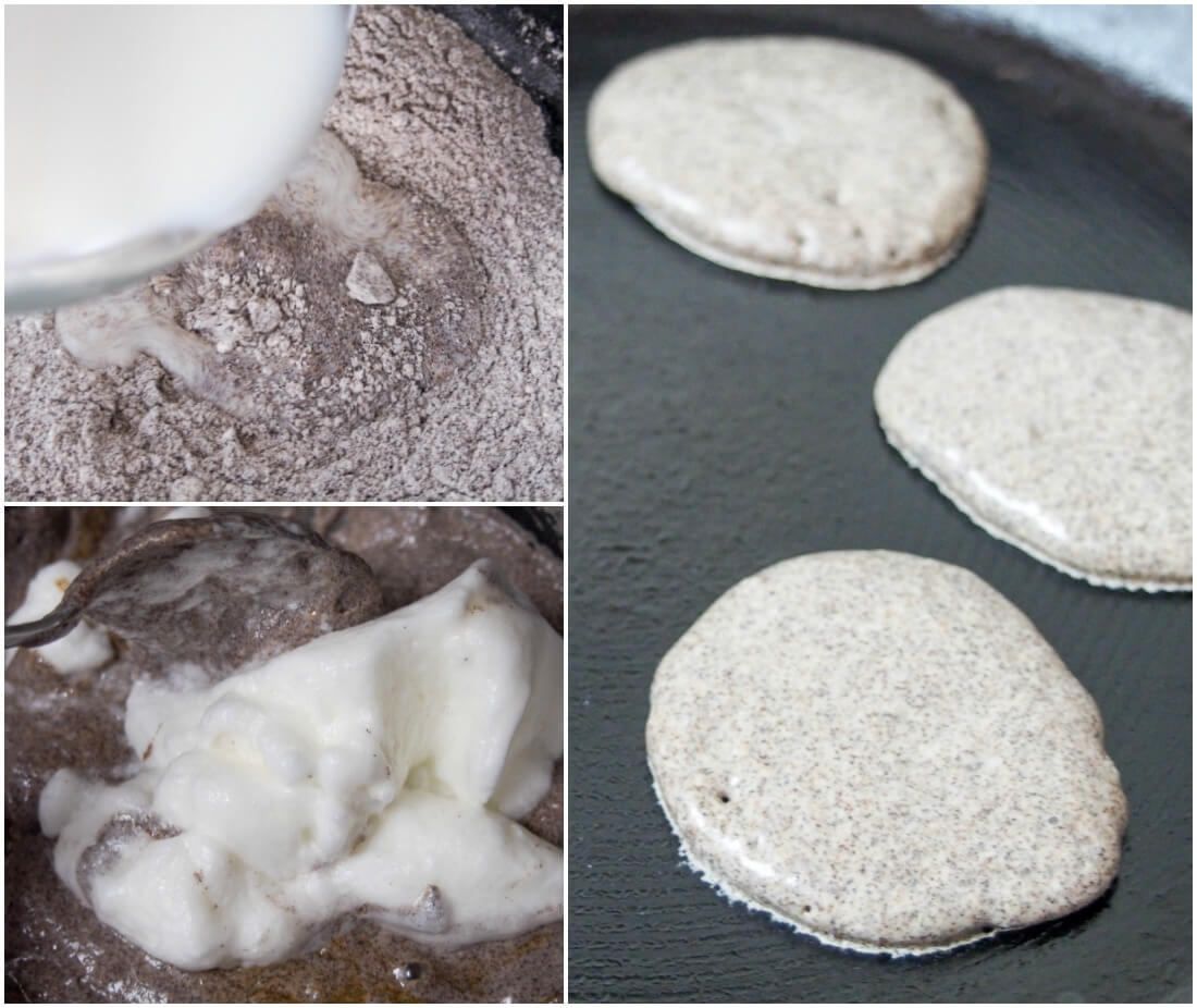 making blini - mixing, folding in egg white and cooking