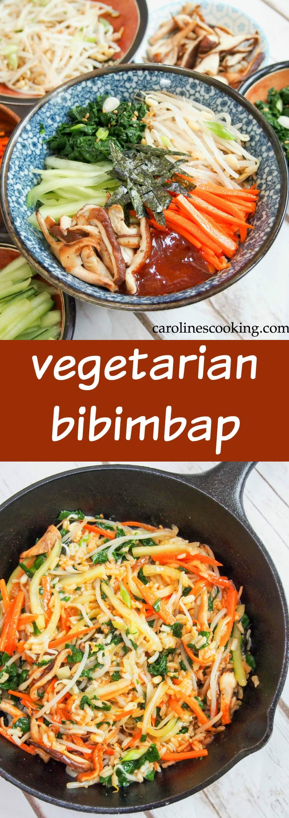 Vegetarian bibimbap: All too often, comfort food and healthy don't go together, but this vegetarian bibimbap is an exception. It's a delicious bowl of goodness, packed with a rainbow of vegetables and here made with brown rice. So tasty! #vegetarian #koreanfood #bibimbap