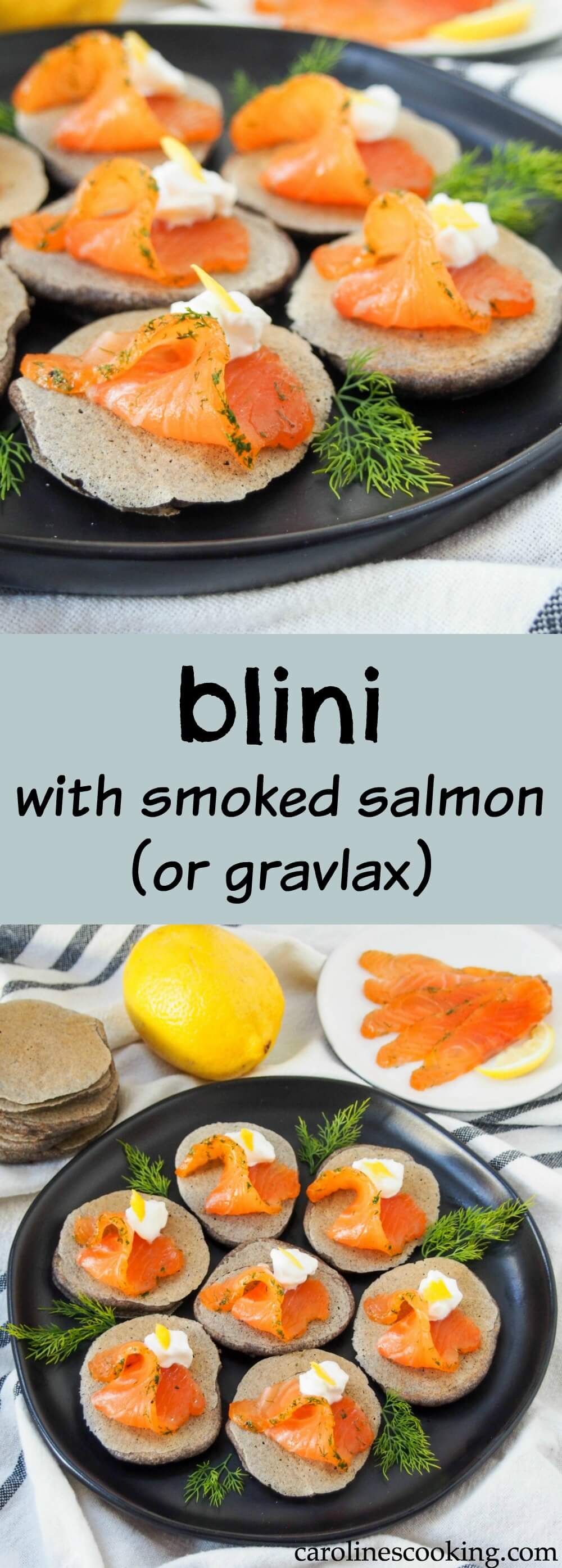 Blini with smoked salmon (or gravlax). Blini are a staple at pretty much any excuse for a party in Russia. And it's easy to understand why. These little pancakes, topped with smoked salmon and sour cream, make elegant and delicious little bites fit for any occasion. #pancakes #buckwheat #smokedsalmon