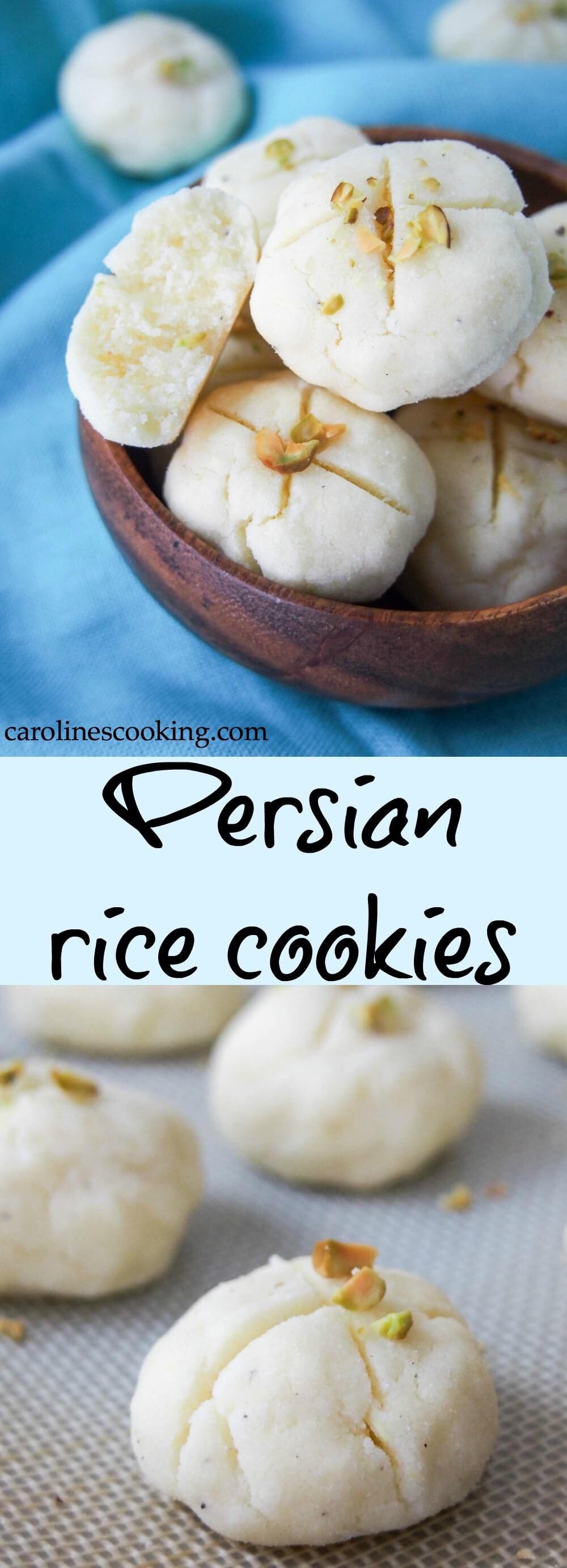 These Persian rice cookies are a common feature at Nowruz, Persian New Year. Once you try the delicately flavored little bites, it's easy to see why: fragrant from rosewater, crumbly and gently sweet. They're a true Middle Eastern treat. Naturally gluten free. #persian #glutenfree #cookie #nowruz
