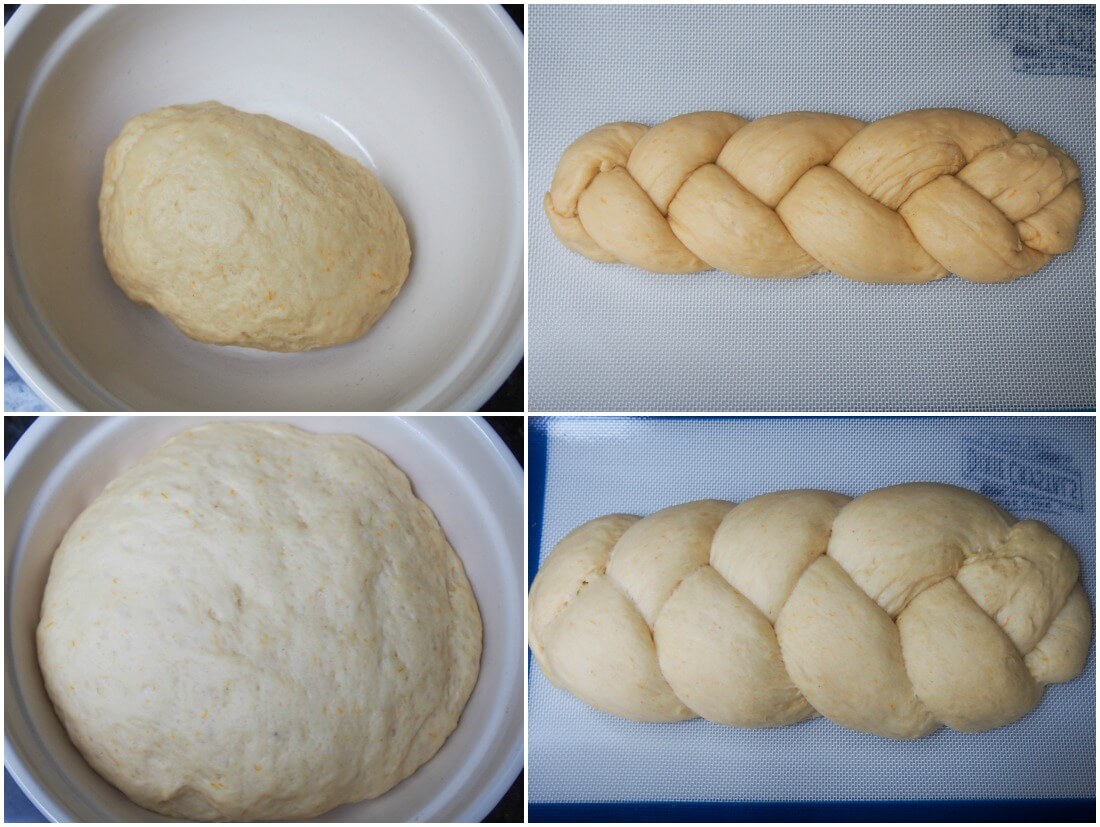 Tsoureki dough before and after 1st and 2nd rises