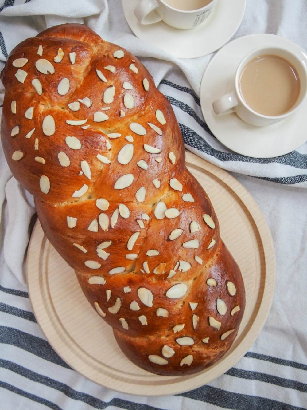 whole tsoureki Greek Easter bread loaf from above