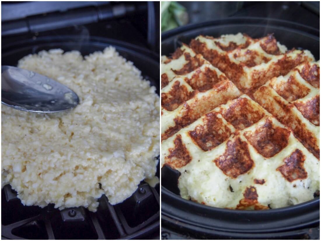 making cauliflower waffles making cauliflower waffles - adding mixture to waffle maker and taking out